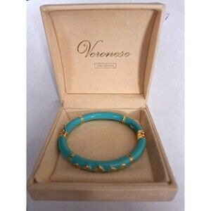 Vintage Italy Teal Sterling Silver Gold Wash Bracelet Bangle 6-1/2"  Veronese